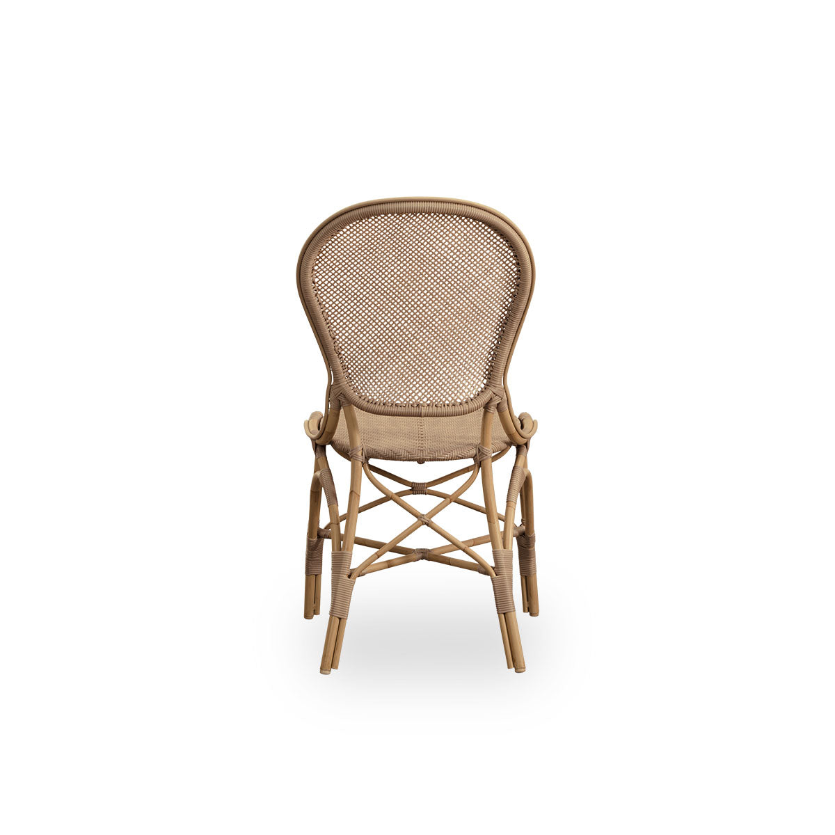 Plain back view of Rossini outdoor dining chair in Antique color. Elegant chair with round backrest in simple design. Aluminium frame in rattan look with woven ArtFibre seat and backrest.