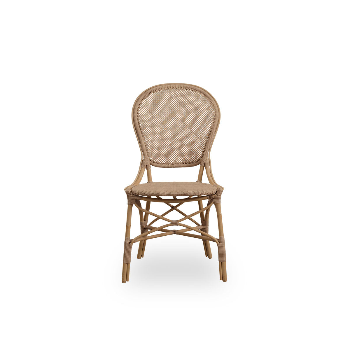 Front view of the Rossini outdoor dining chair in antique color.
Elegant chair with round backrest in a simple design. Aluminum frame in rattan look with woven ArtFibre seat and backrest.