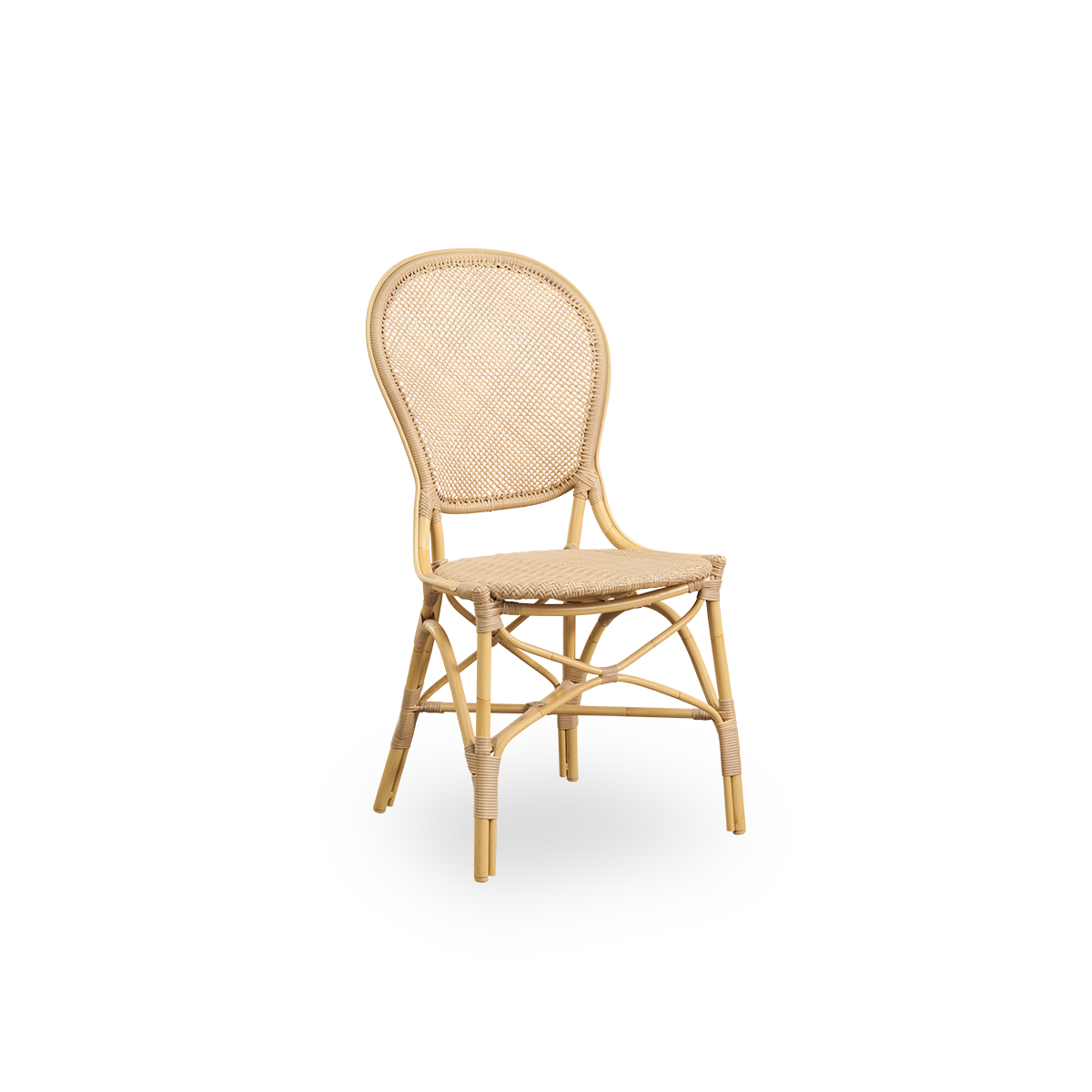 Side view of Rossini outdoor dining chair in Natural color. Elegant chair with round backrest in simple design. Aluminium frame in rattan look with woven ArtFibre seat and backrest.