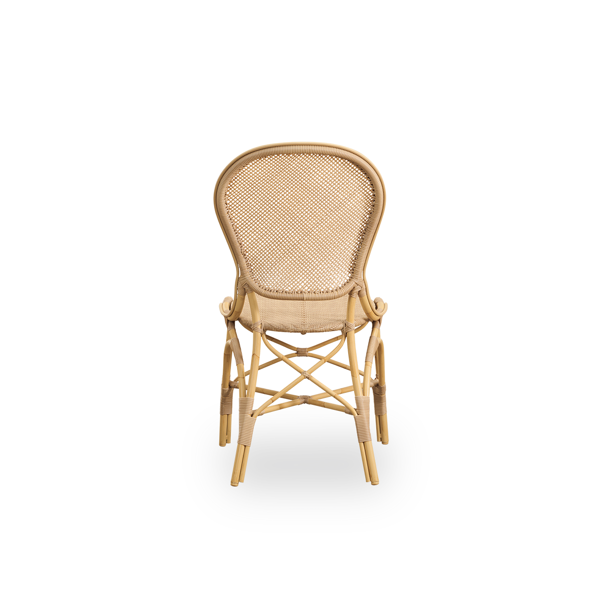 Plain back view of Rossini outdoor dining chair in Natural color. Elegant chair with round backrest in simple design. Aluminium frame in rattan look with woven ArtFibre seat and backrest.