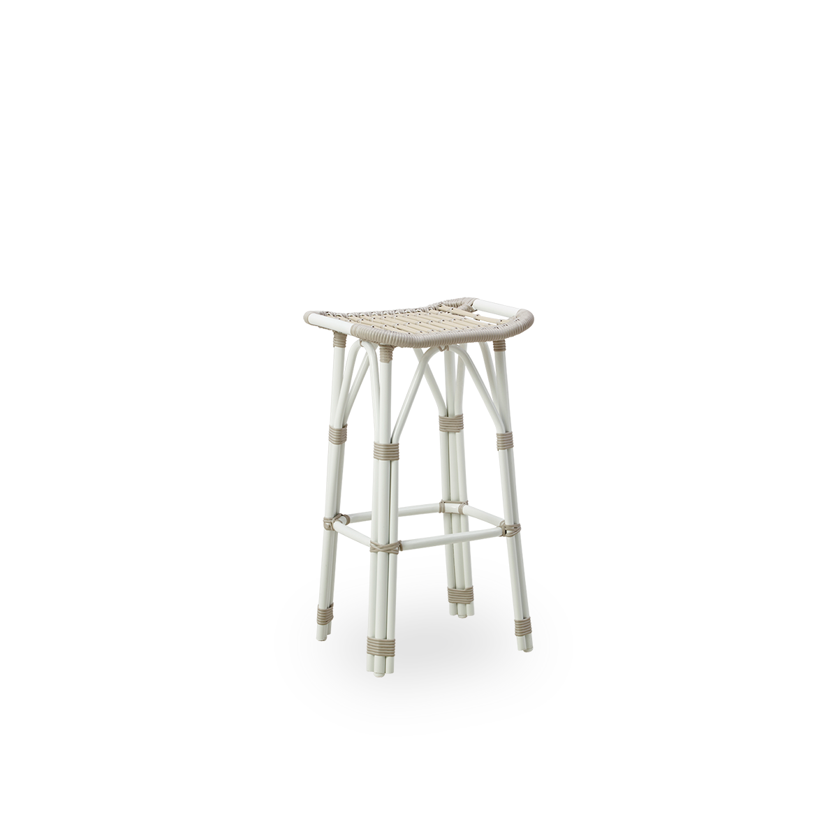 Side view of Salsa outdoor barstool with footrest and curved seat. Aluminium frame in Dove White color with ArtFibre bindings. Height 79 cm.