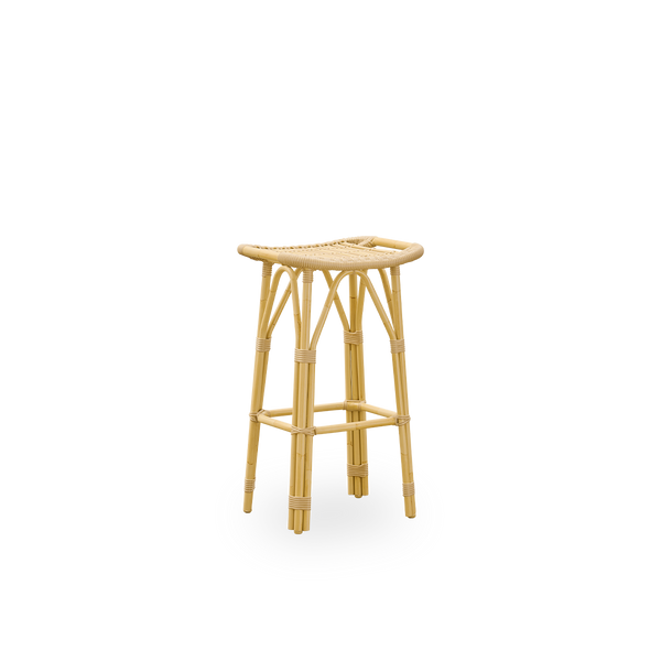 Side view of Salsa outdoor barstool with footrest and curved seat. Aluminium frame in rattan look with ArtFibre bindings. Height 79 cm.