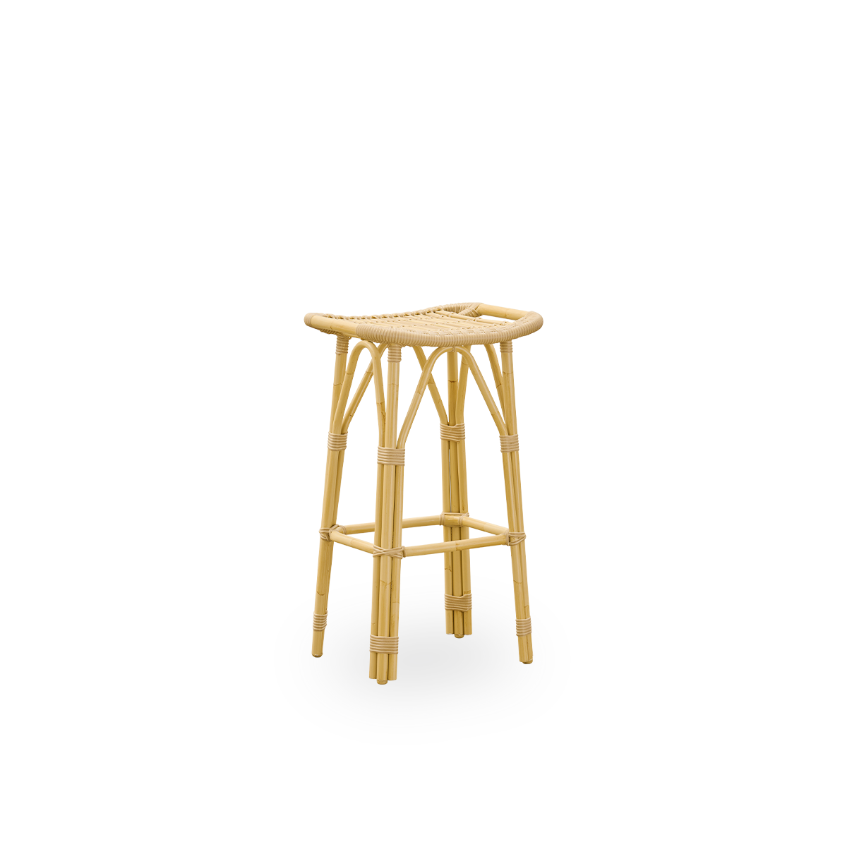 Side view of Salsa outdoor barstool with footrest and curved seat. Aluminium frame in rattan look with ArtFibre bindings. Height 79 cm.