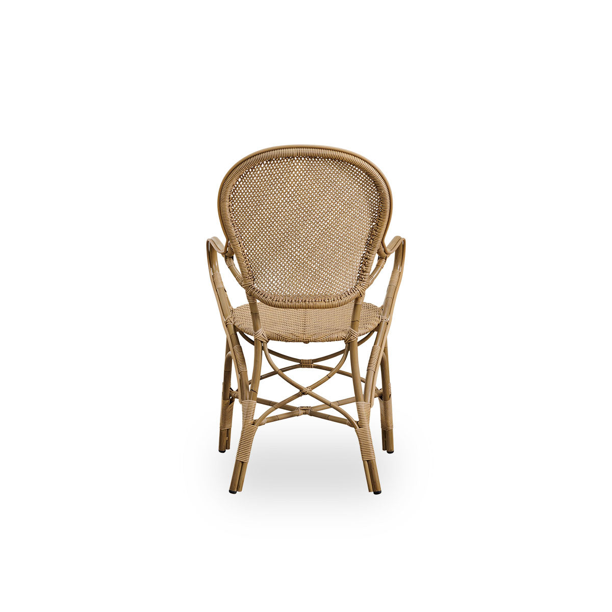 Plain back view of Rossini outdoor dining armchair in Antique color. Elegant chair with round backrest and armrests in simple design. Aluminium frame in rattan look with woven ArtFibre seat and backrest.