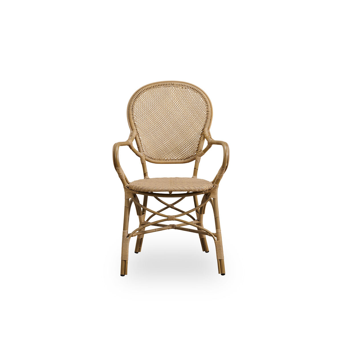 Front view of the Rossini outdoor dining armchair in antique color.
Elegant chair with round backrest and armrests in a simple design. Aluminum frame in rattan look with woven ArtFibre seat and backrest.