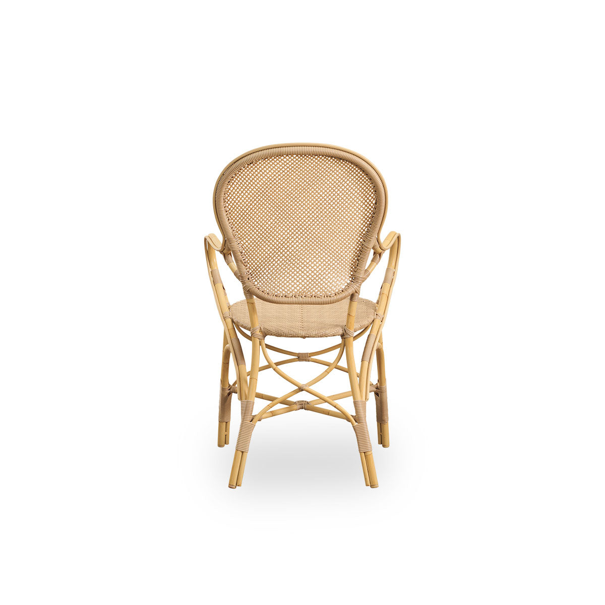 Plain back view of Rossini outdoor dining armchair in Natural color. Elegant chair with round backrest and armrests in simple design. Aluminium frame in rattan look with woven ArtFibre seat and backrest.