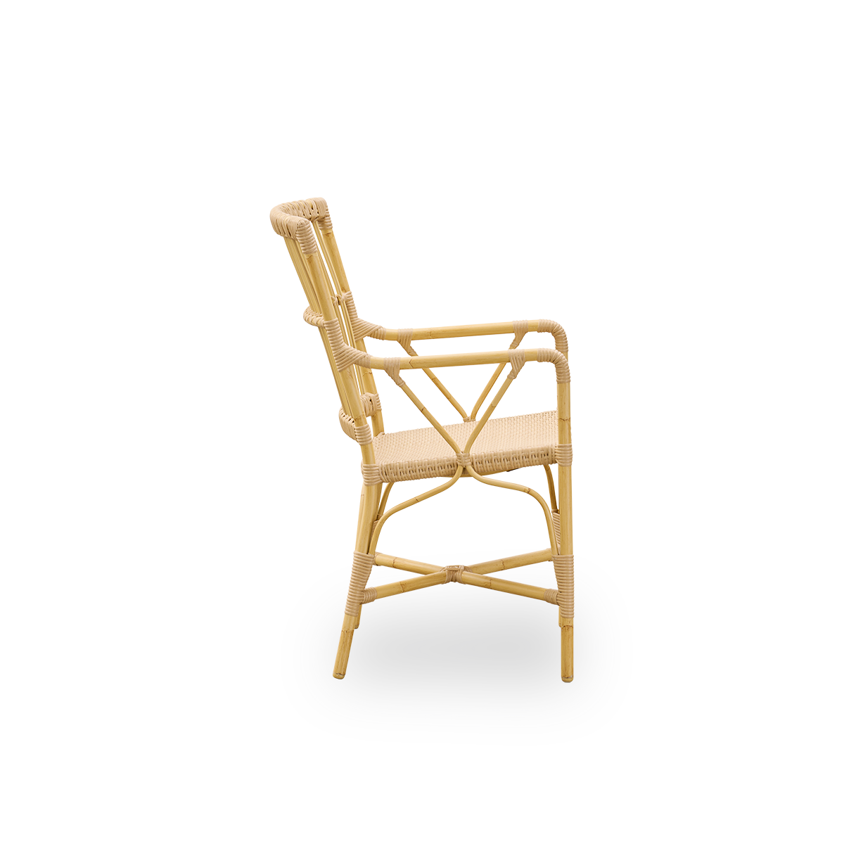 Plain side view of Piano outdoor armchair. Aluminium frame in natural rattan look with ArtFibre bindings. Elegant chair with high backrest and armrests. 