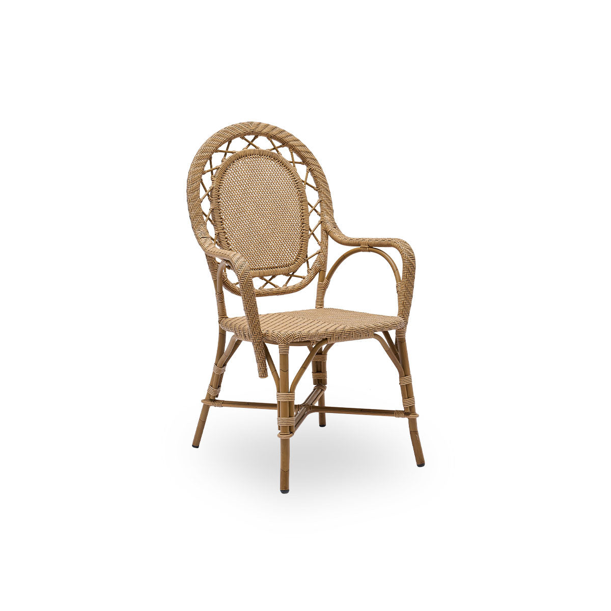 Side view of Romantica outdoor dining chair in Antique brown color. Elegant, romantic dining chair with round backrest and fully woven seat in charming Danish design. Aluminium frame in rattan look with ArtFibre bindings.
