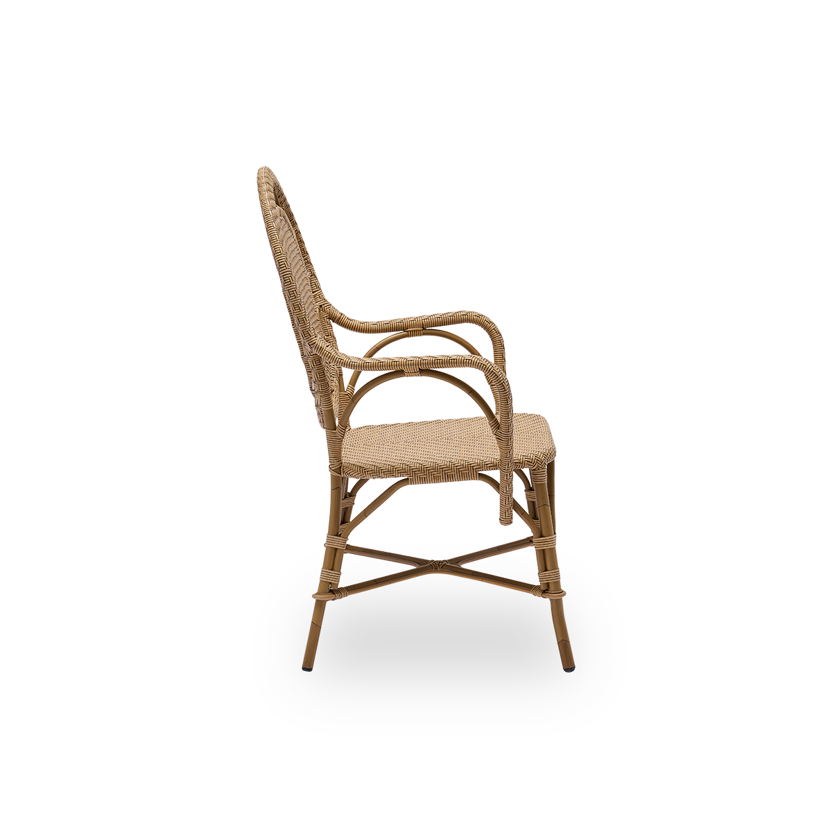 Plain side view of Romantica outdoor dining chair in Antique brown color. Elegant, romantic dining chair with round backrest and fully woven seat in charming Danish design. Aluminium frame in rattan look with ArtFibre bindings.