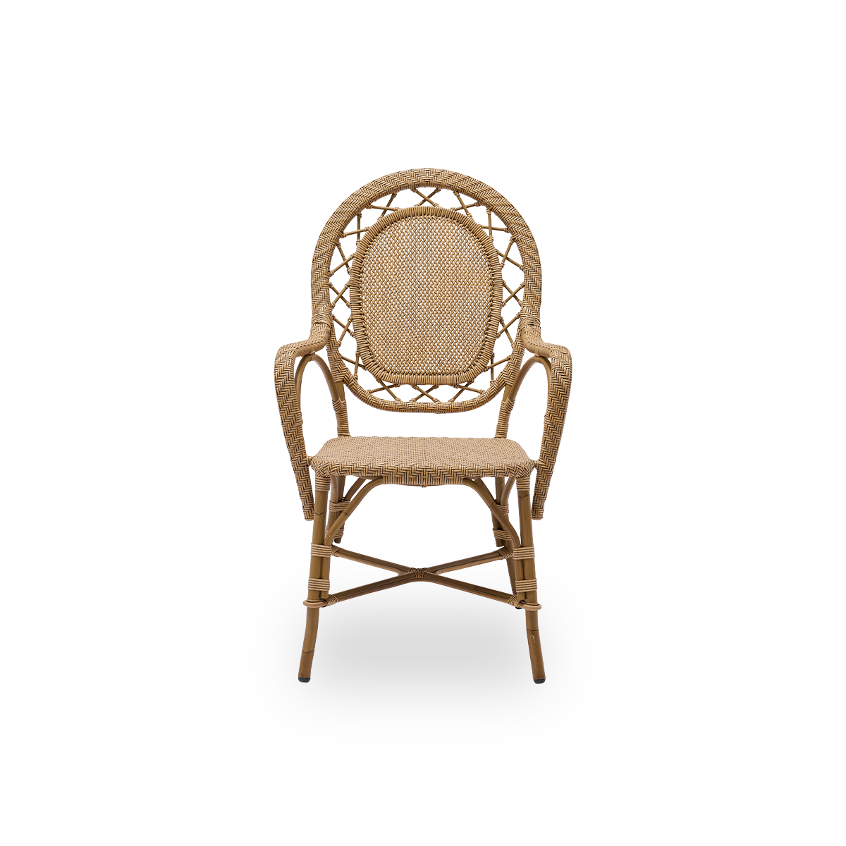 Front view of the Romantica outdoor dining chair in antique brown color.
Elegant, romantic dining chair with round backrest and fully woven seat in charming Danish design. Aluminum frame in rattan look with ArtFibre bindings.