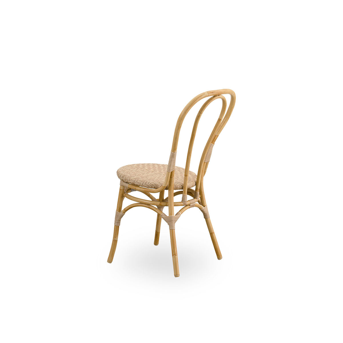 Plain back view of Lulu Exterior dining chair, a lightweight outdoor bistro chair with a round simple backrest presented with aluminium frame in handpainted rattan look with ArtFibre windings.