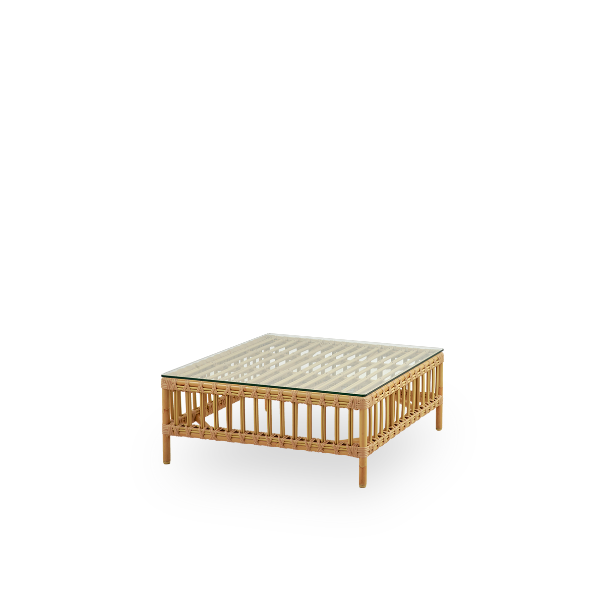 Side view of Maggie outdoor sofa pouf module in Natural color presented with glass top to be used as side table. Aluminium frame with handpainted rattan look with ArtFibre windings.