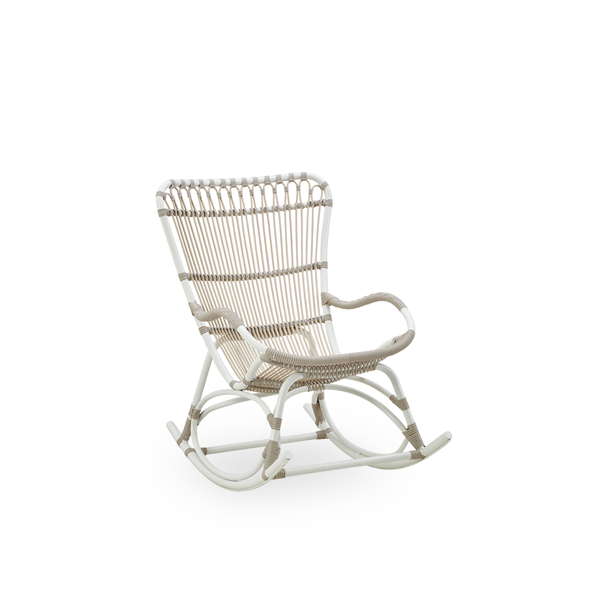 Side view of Monet outdoor rocking chair with high backrest and armrests presented in Dove White color. Aluminium frame with ArtFibre windings.
