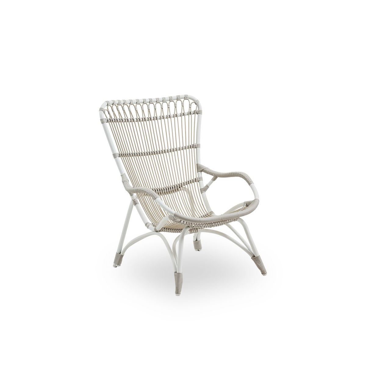Side view of Monet outdoor lounge chair with high backrest and armrests presented in Dove White color. Aluminium frame with ArtFibre windings.