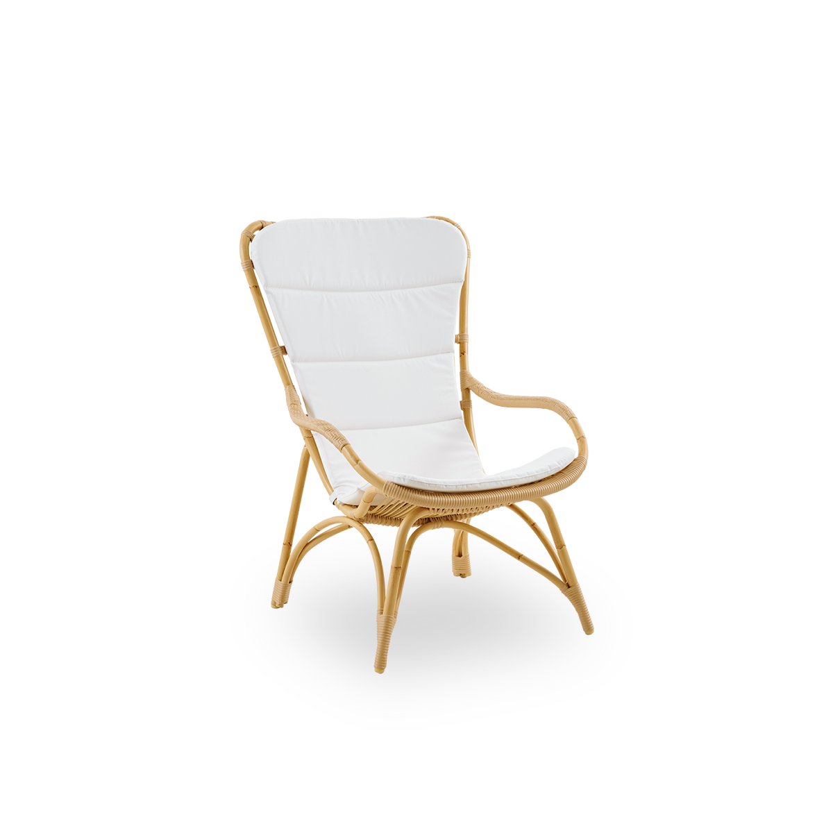 Side view of Monet outdoor lounge chair with high backrest and armrests presented in Natural color. Aluminium frame in rattan look with ArtFibre windings.