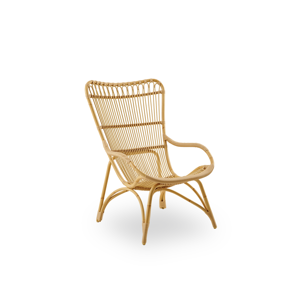 Side view of Monet outdoor lounge chair with high backrest and armrests presented in Natural color. Aluminium frame in rattan look with ArtFibre windings.