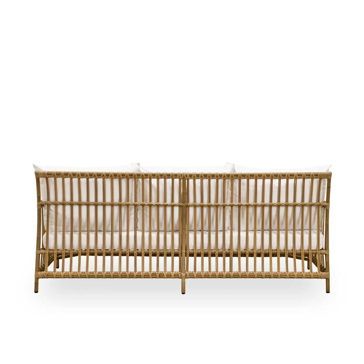 Plain back view of Caroline outdoor 3-seater sofa in Antique color, simple and elegant Danish design. Aluminium frame in rattan look with ArtFibre bindings.