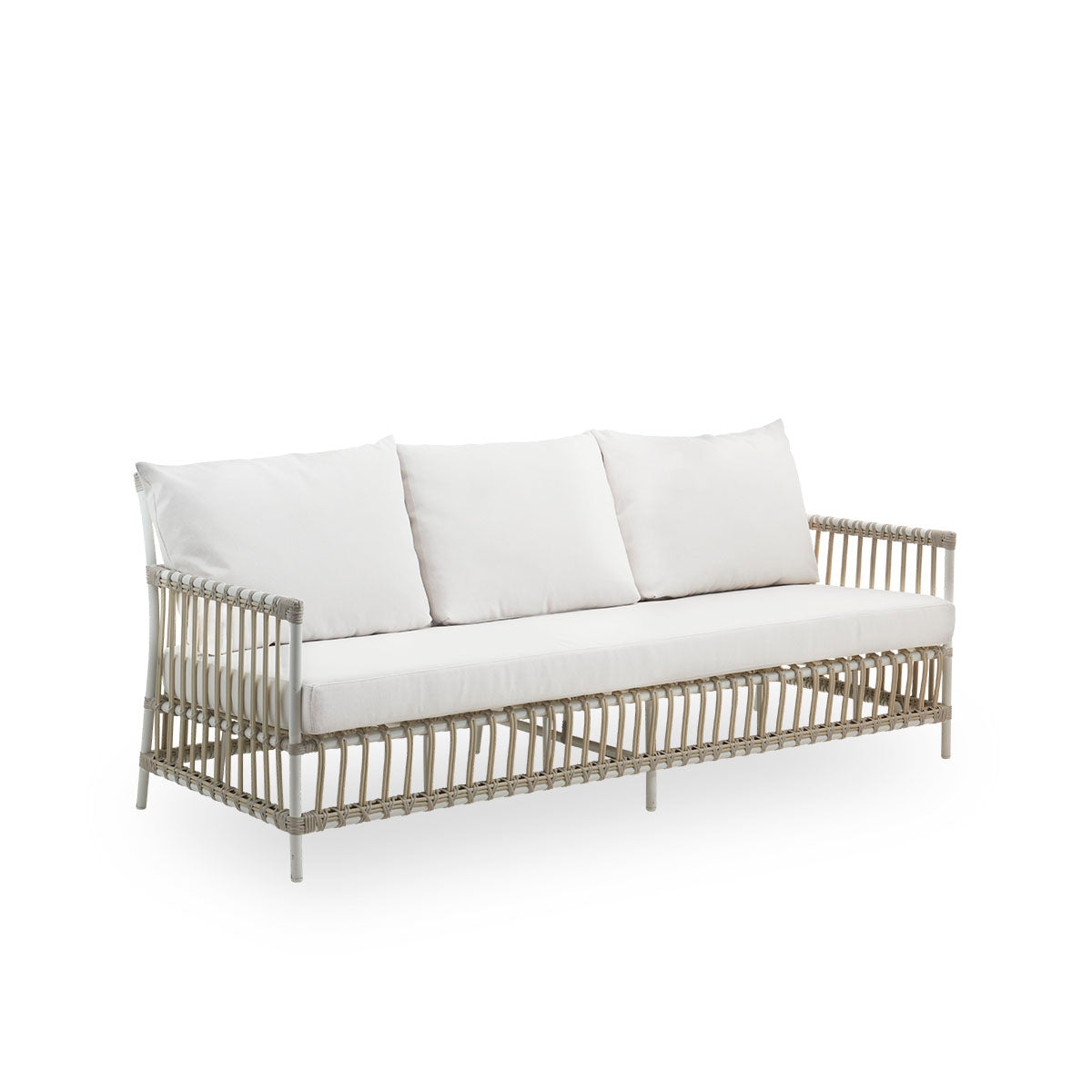 Side view of Caroline outdoor 3-seater sofa in dove white color, simple and elegant Danish design. Aluminium frame with ArtFibre bindings.