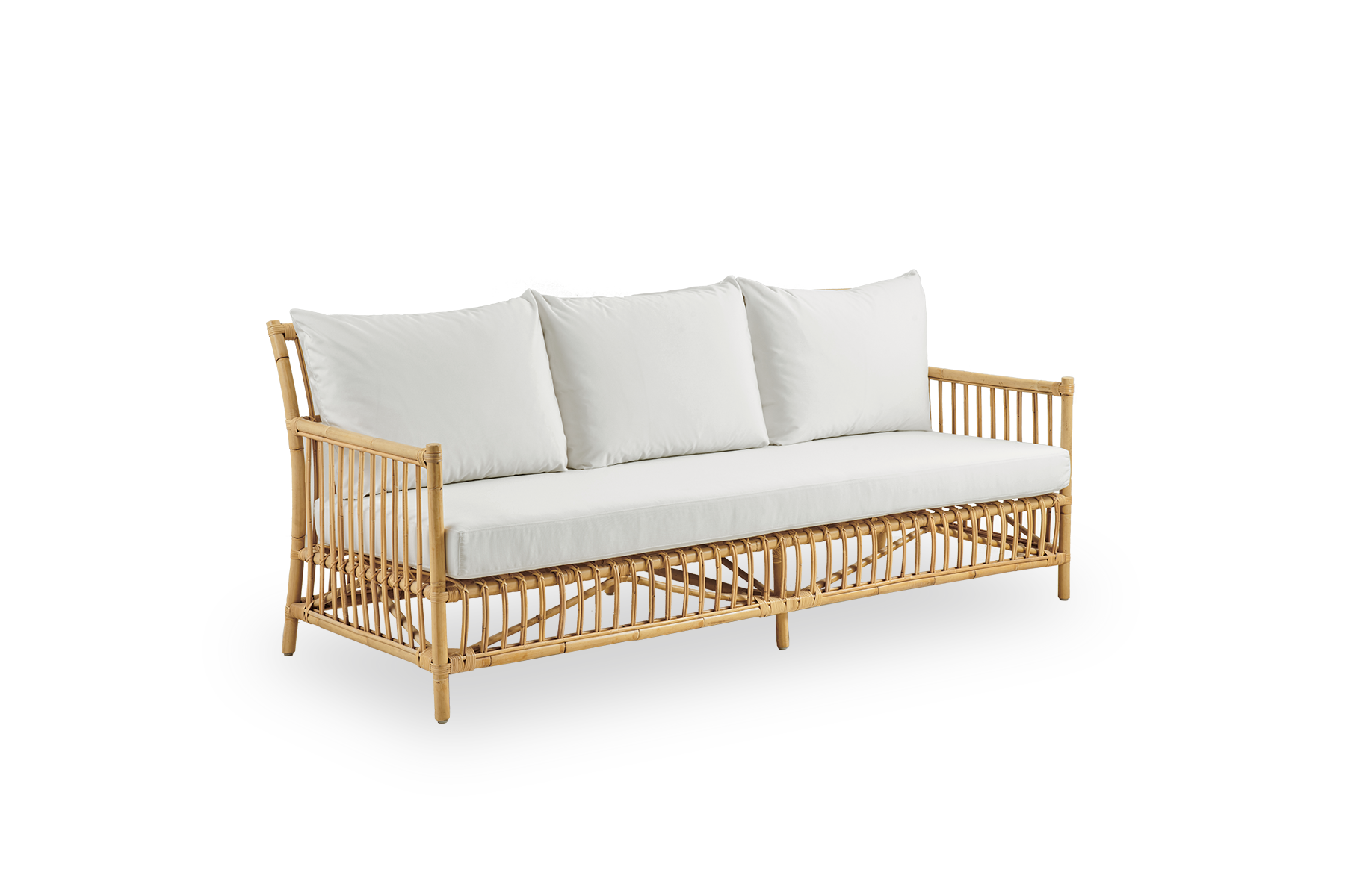 Side view of Caroline outdoor 3-seater sofa in Natural color, simple and elegant Danish design. Aluminium frame in rattan look with ArtFibre bindings.