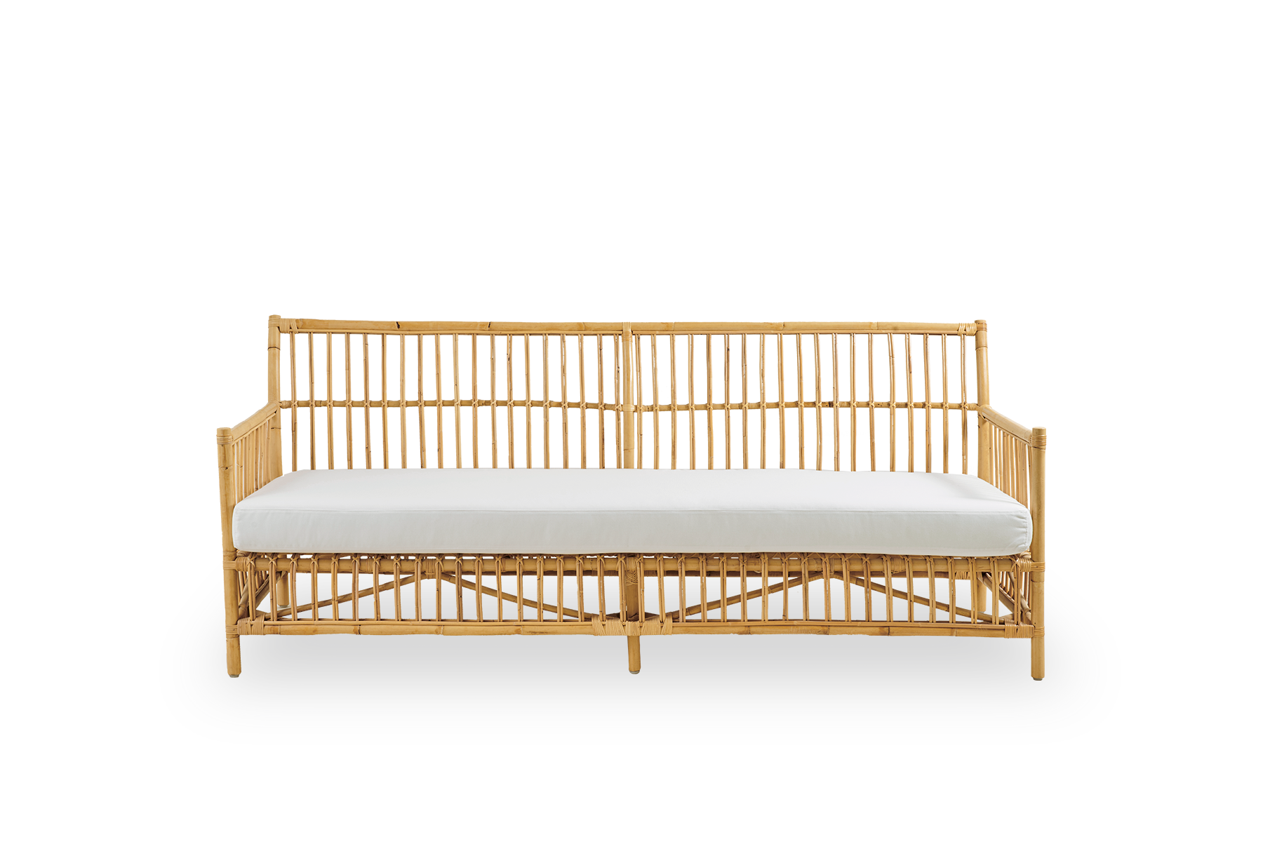 Front view of Caroline outdoor 3-seater sofa in Natural color, simple and elegant Danish design. Aluminium frame in rattan look with ArtFibre bindings.