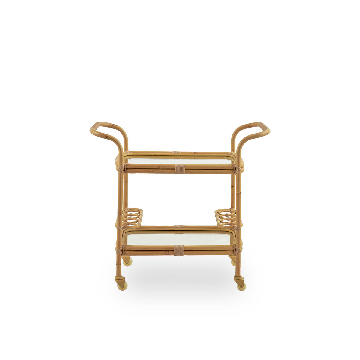 Plain side view of the Carlo Exterior bar trolley, a decorative and practical trolley for outdoor. The trolley has an aluminum frame in handpainted rattan look presented with handmade ArtFibre details making it a cozy add on for outdoor areas. 