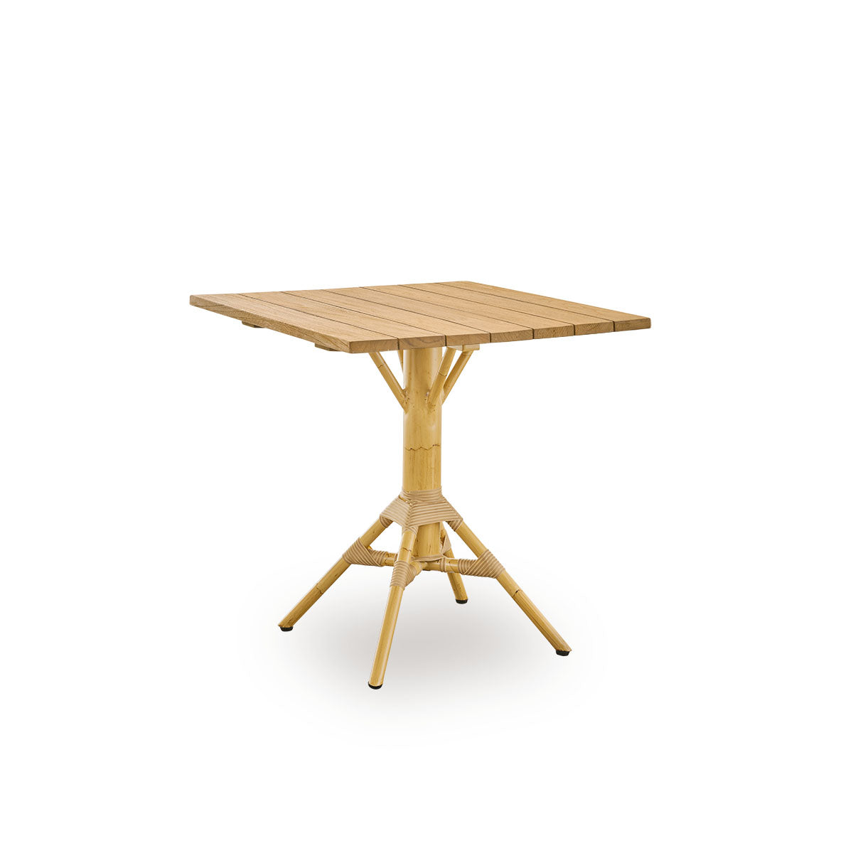 Side view of Nicole outdoor café table, inspired by French café style. Powder-coated aluminum base in natural rattan look with ArtFibre windings, with round chestnut brown teak top Ø80 cm.