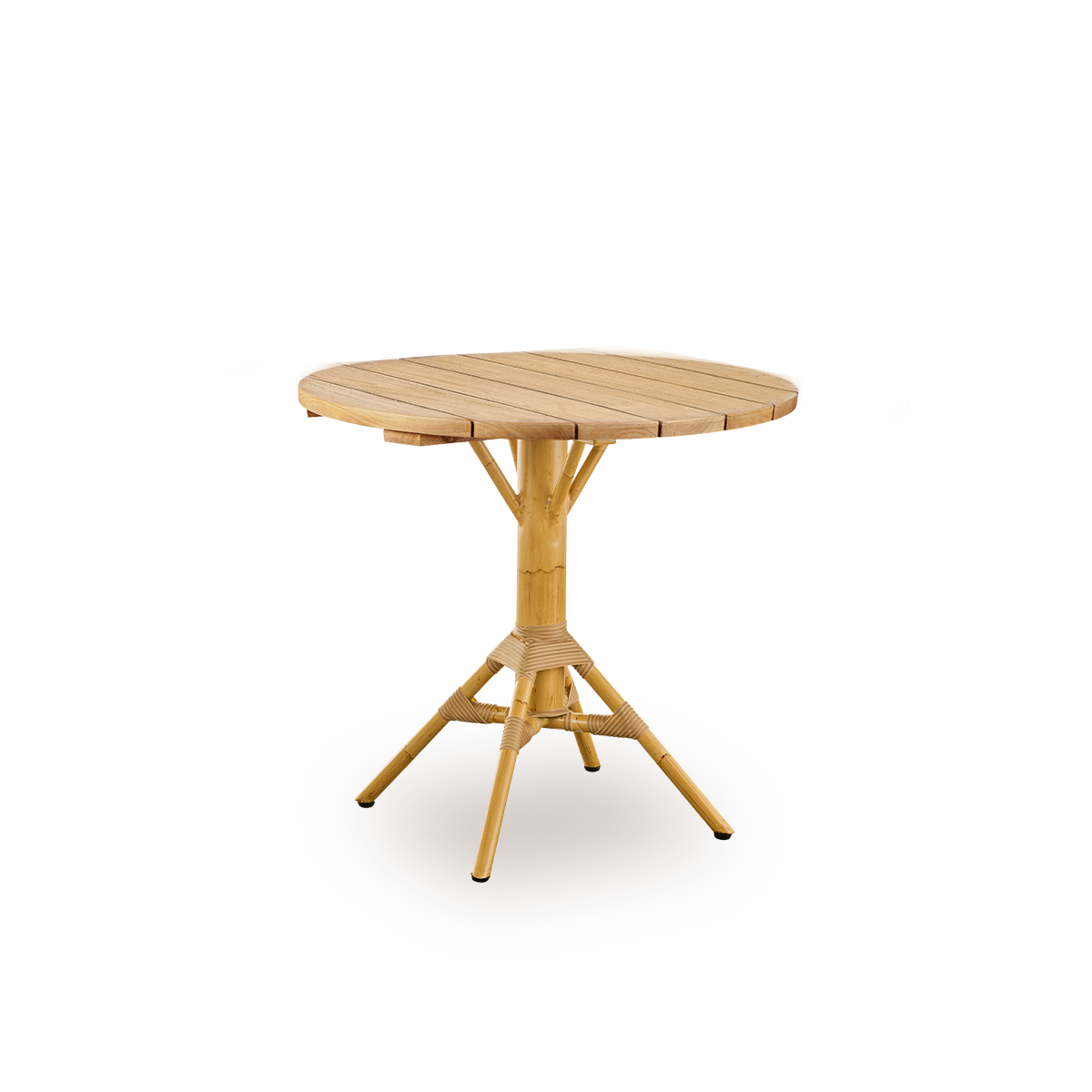 Side view of Nicole outdoor café table, inspired by French café style. Powder-coated aluminum base in natural rattan look with ArtFibre windings, with round chestnut brown teak top Ø80 cm.