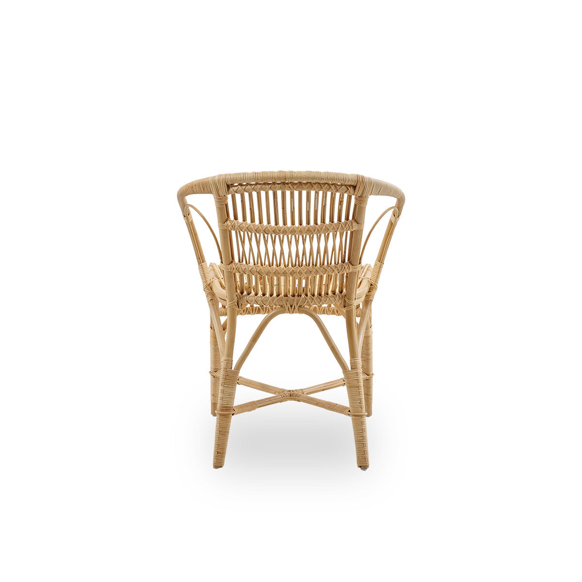 Plain back view of Robert dining chair in natural color designed by Robert W. Elegant wicker chair handcrafted from high-quality Indonesian rattan.
