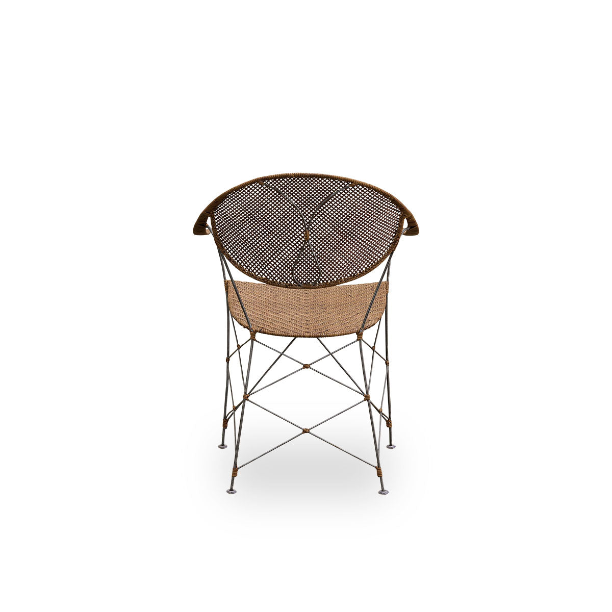 Plain back view of the Funky dining chair designed by Yuzuru Yamakawa. The chair has a steel frame with handwoven seat and backrest in high quality Indonesian rattan in Hazelnut color.