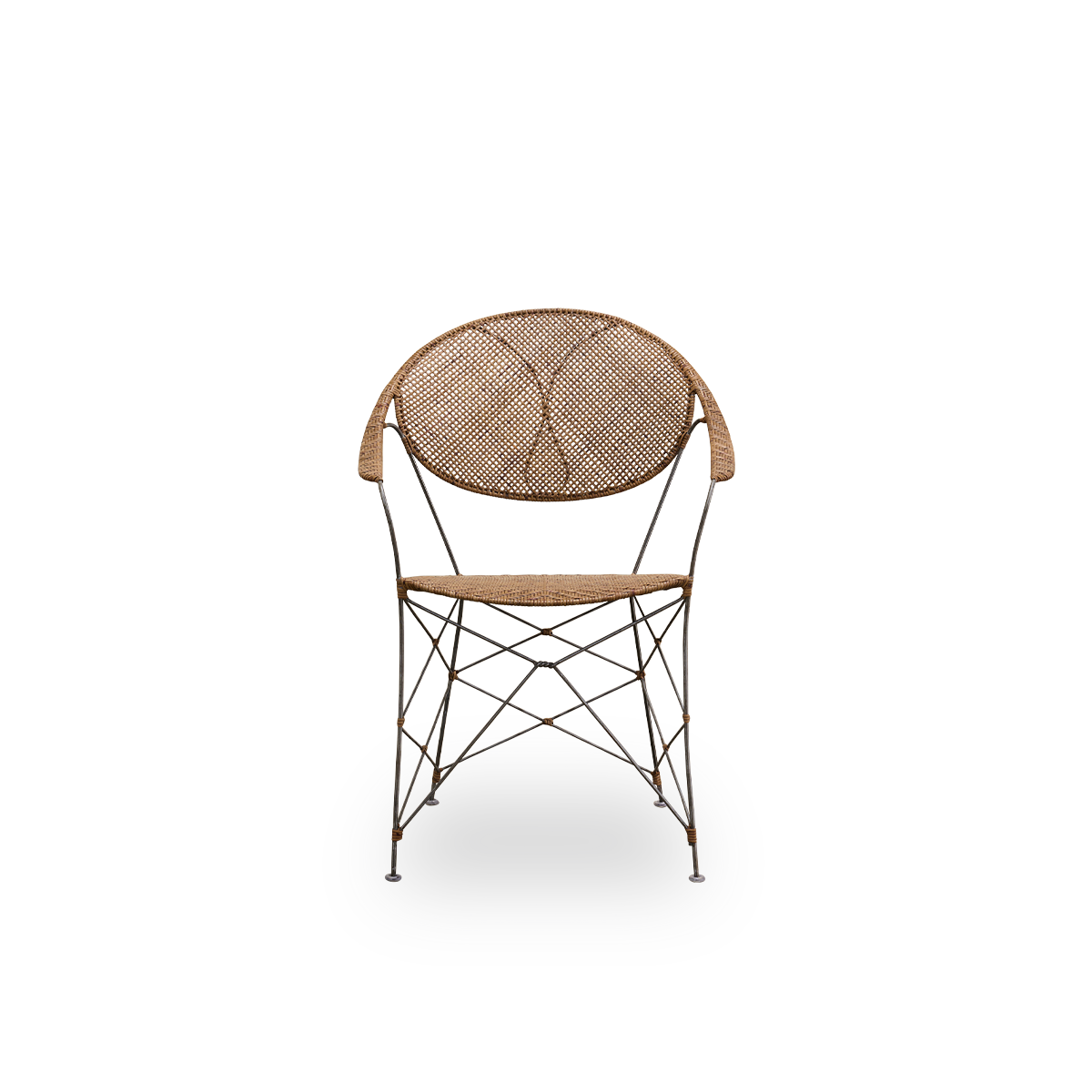 Front view of the Funky dining chair designed by Yuzuru Yamakawa.
The chair has a steel frame with a handwoven seat and backrest made from high-quality Indonesian rattan in hazelnut color.