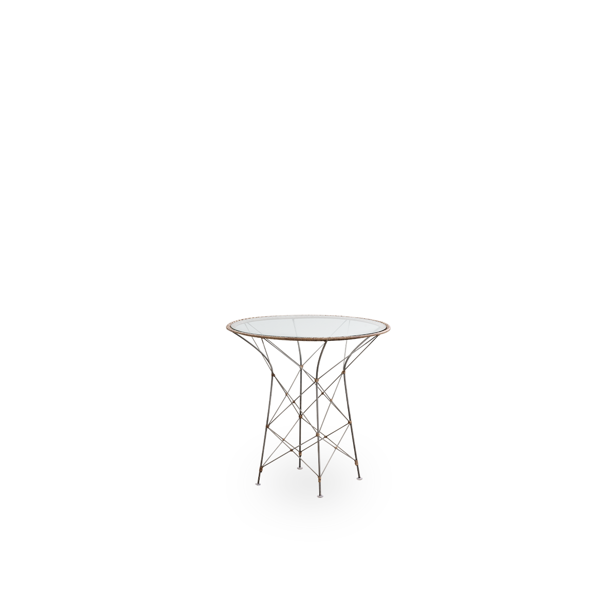 Side view of the Funky café table designed by Yuzuru Yamakawa. The table has a round glass table top and a steel frame which is handwoven with Indonesian rattan in Hazelnut color.